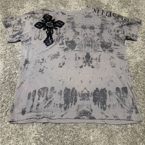 Affliction Y2K Gray T-Shirt with Cross Embellishment Wings on back